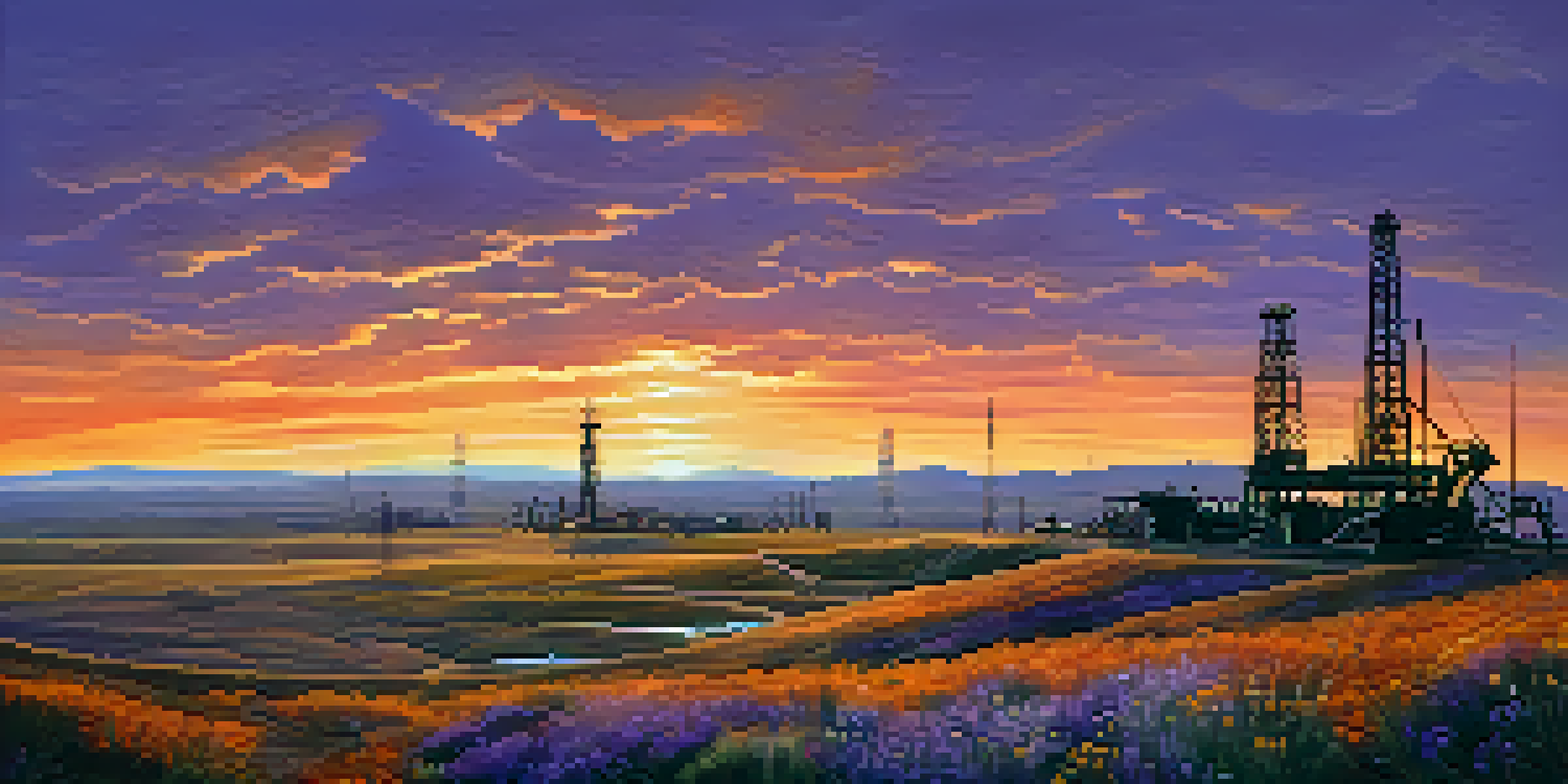 A sunset over an oil field with silhouettes of oil rigs and wildflowers in the foreground.