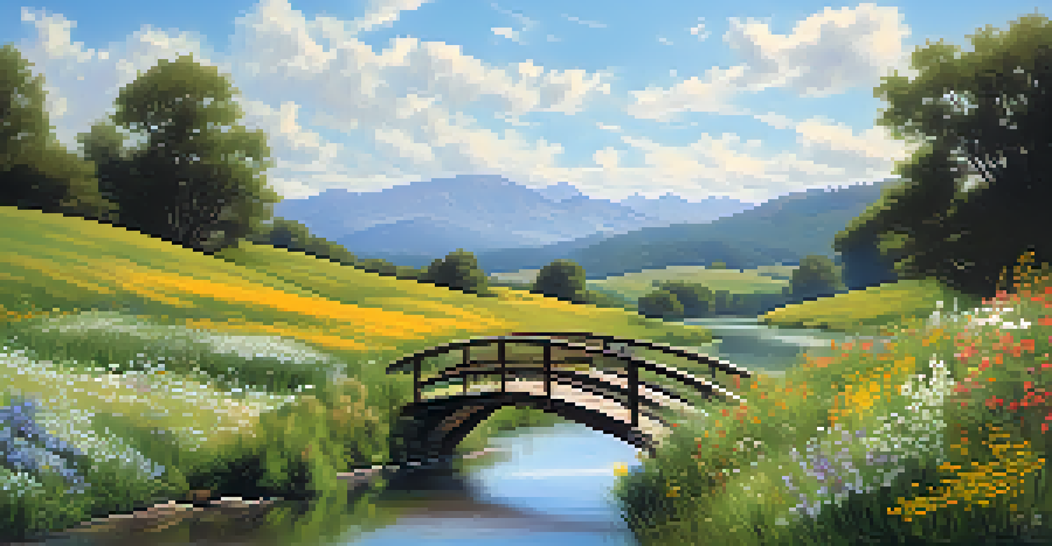 A peaceful landscape featuring rolling hills, wildflowers, a river, and distant mountains.