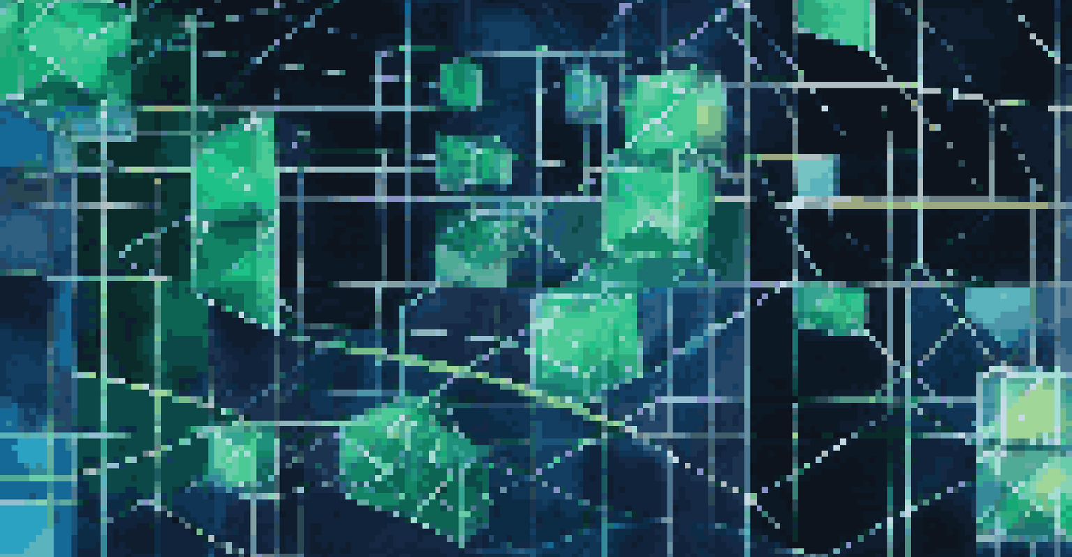An abstract representation of blockchain technology with glowing interconnected blocks and chains symbolizing transparency and security.