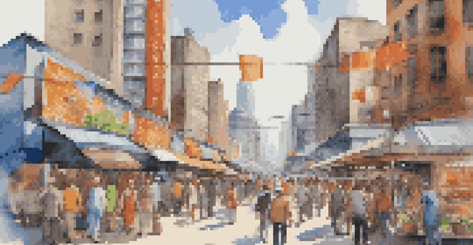 A lively city street bustling with people, street vendors, and colorful shops under a clear blue sky.