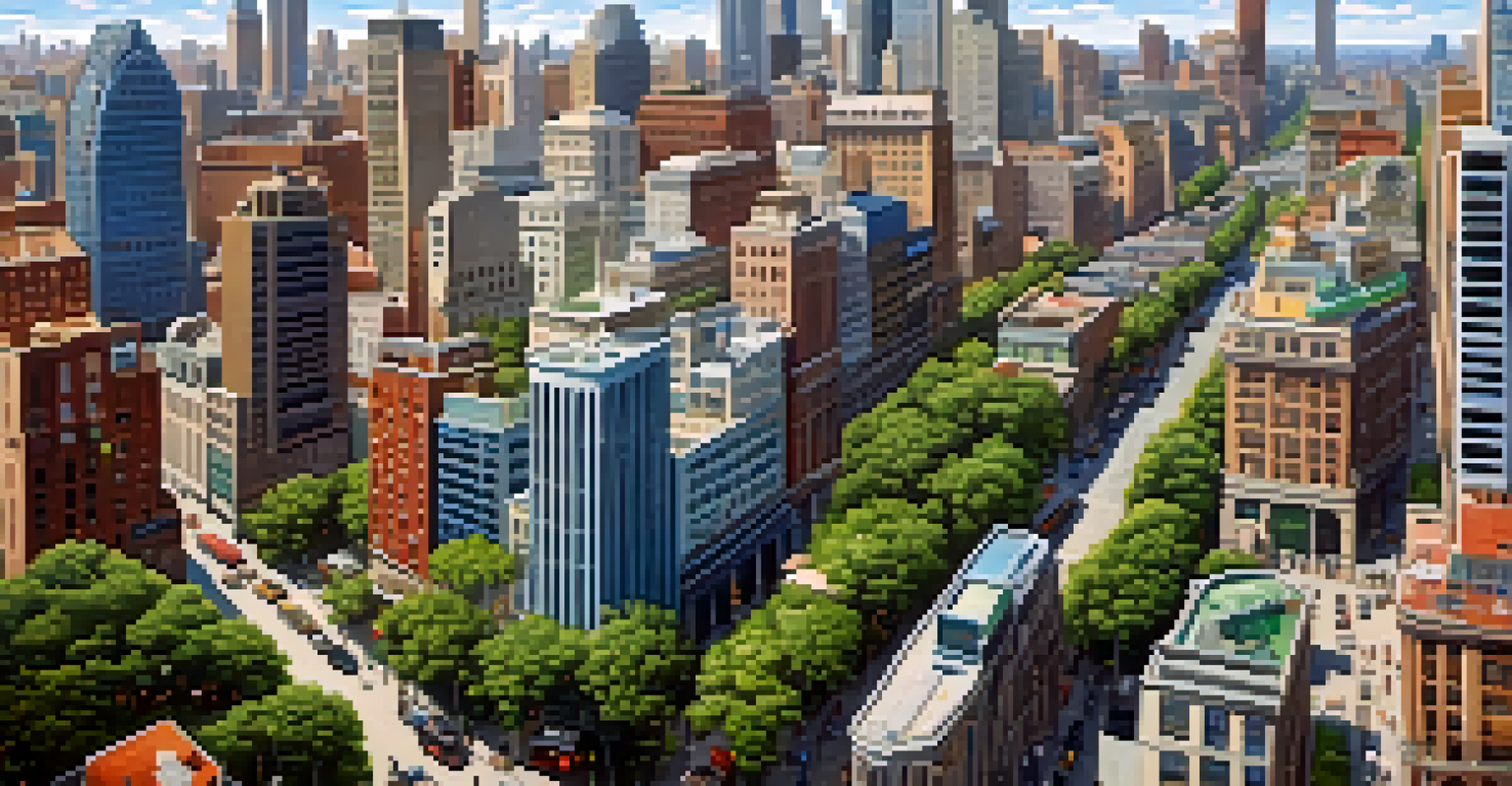 A vibrant aerial view of a city skyline featuring modern and historic buildings.