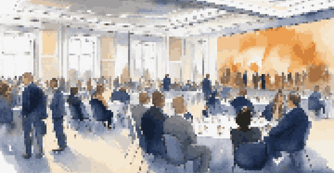 A networking event with professionals in formal attire engaged in conversation in a conference hall.