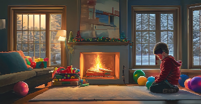 A child sitting on the floor of a cozy living room, surrounded by colorful toys, with a warm fireplace and a snowy winter scene visible outside the window.