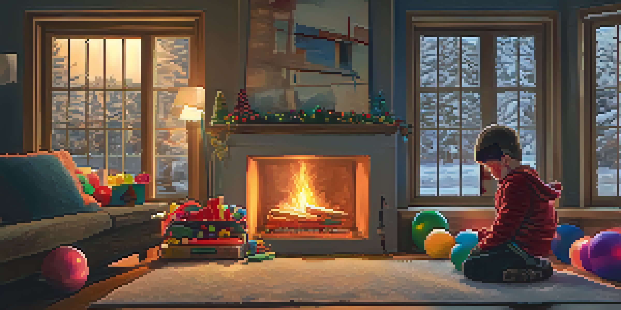 A child sitting on the floor of a cozy living room, surrounded by colorful toys, with a warm fireplace and a snowy winter scene visible outside the window.