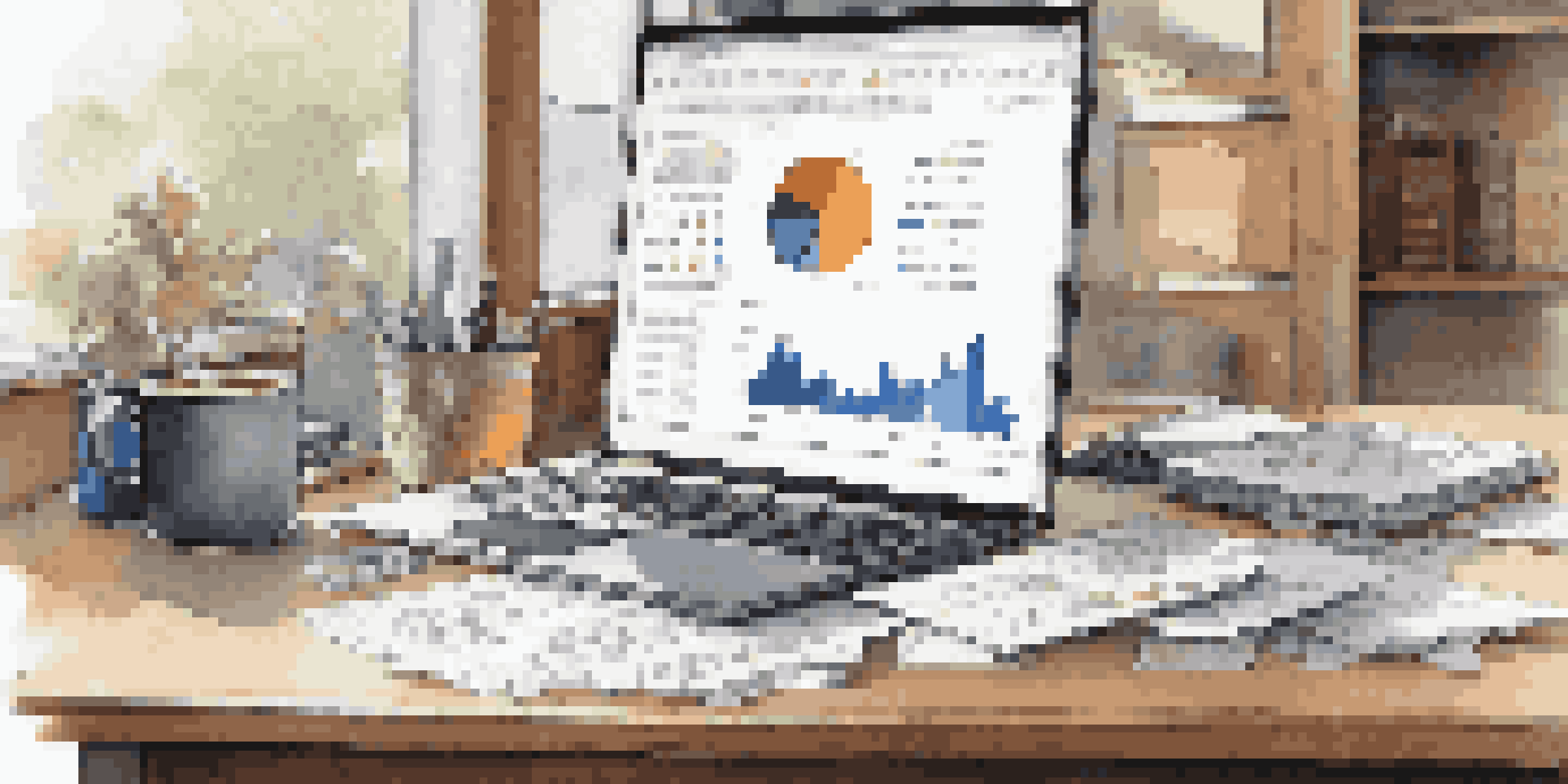 A workspace with financial charts and reports on a desk, a laptop displaying competitor analysis, and a coffee cup.