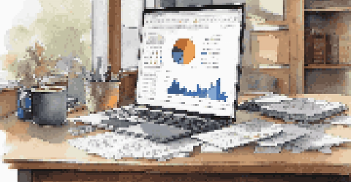 A workspace with financial charts and reports on a desk, a laptop displaying competitor analysis, and a coffee cup.