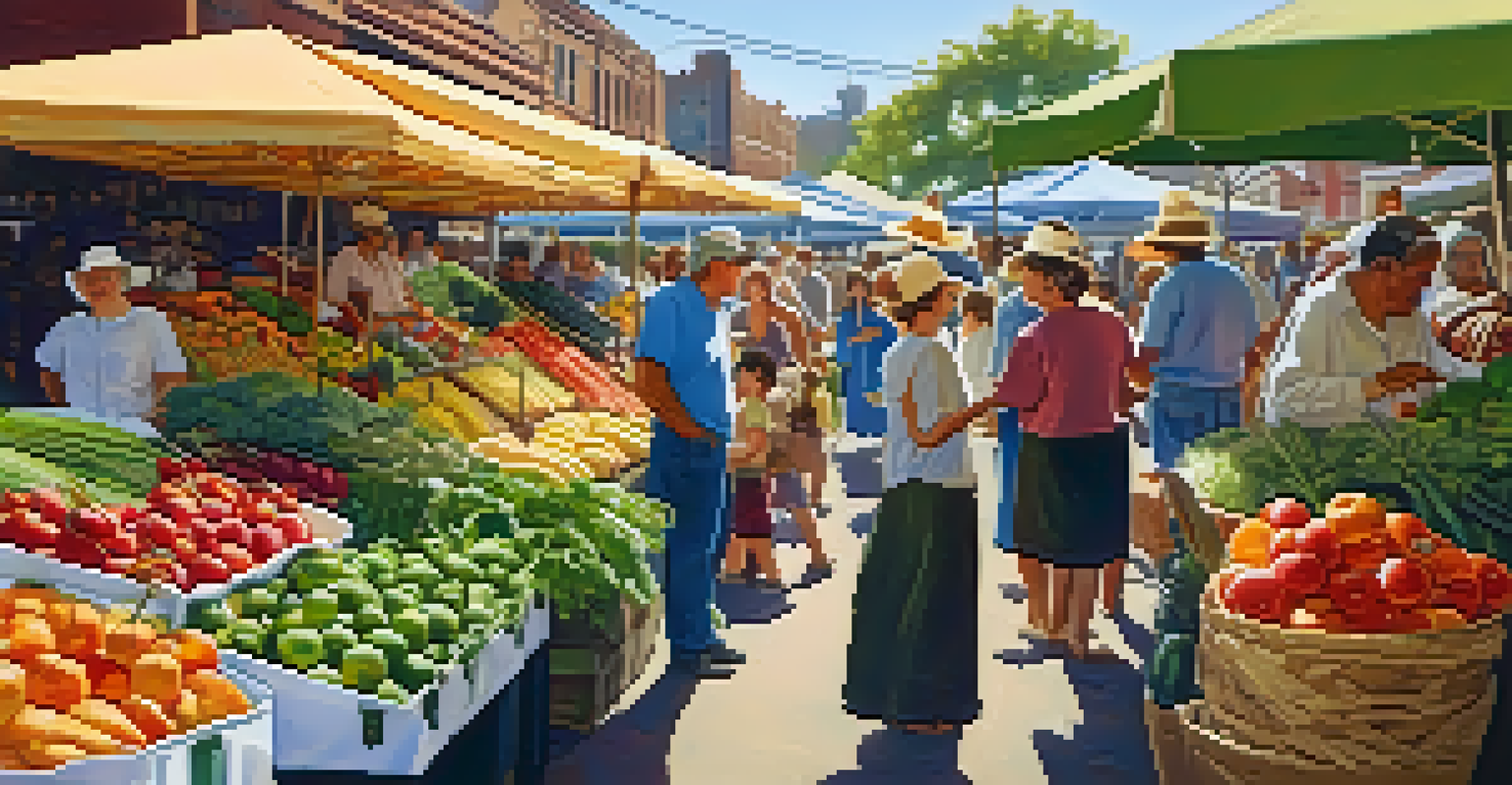 A bustling farmer's market with stalls of colorful fruits and vegetables, filled with shoppers and vendors under a sunny sky.