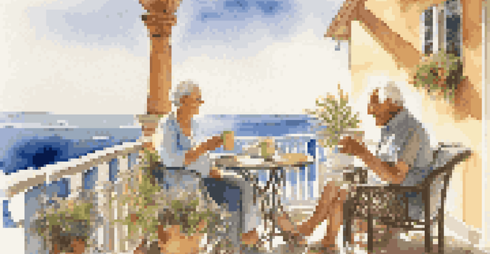 An older couple sitting on a balcony, smiling and enjoying coffee with an ocean view.
