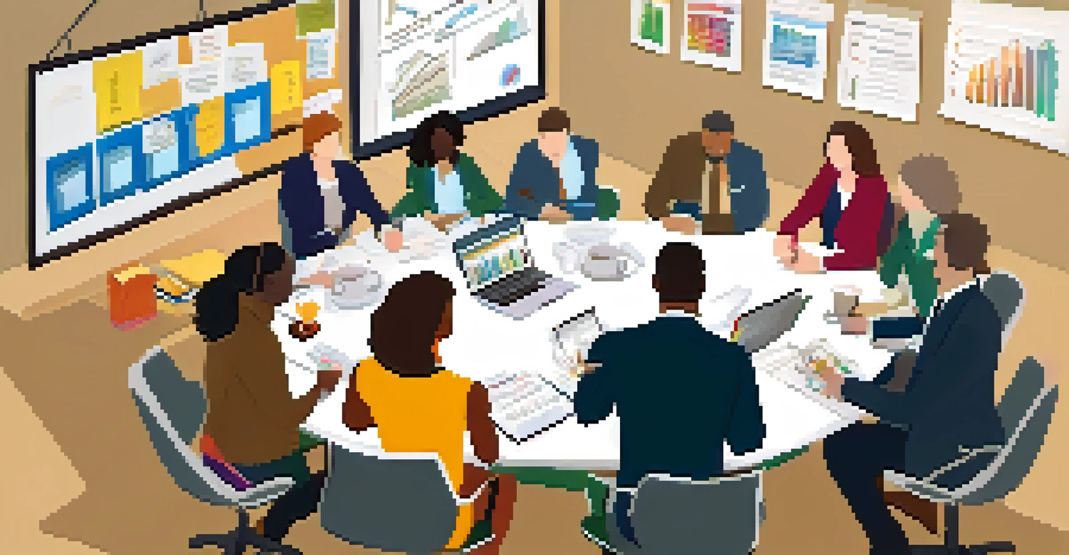 An overhead view of a round table with diverse professionals brainstorming ideas with papers and laptops.