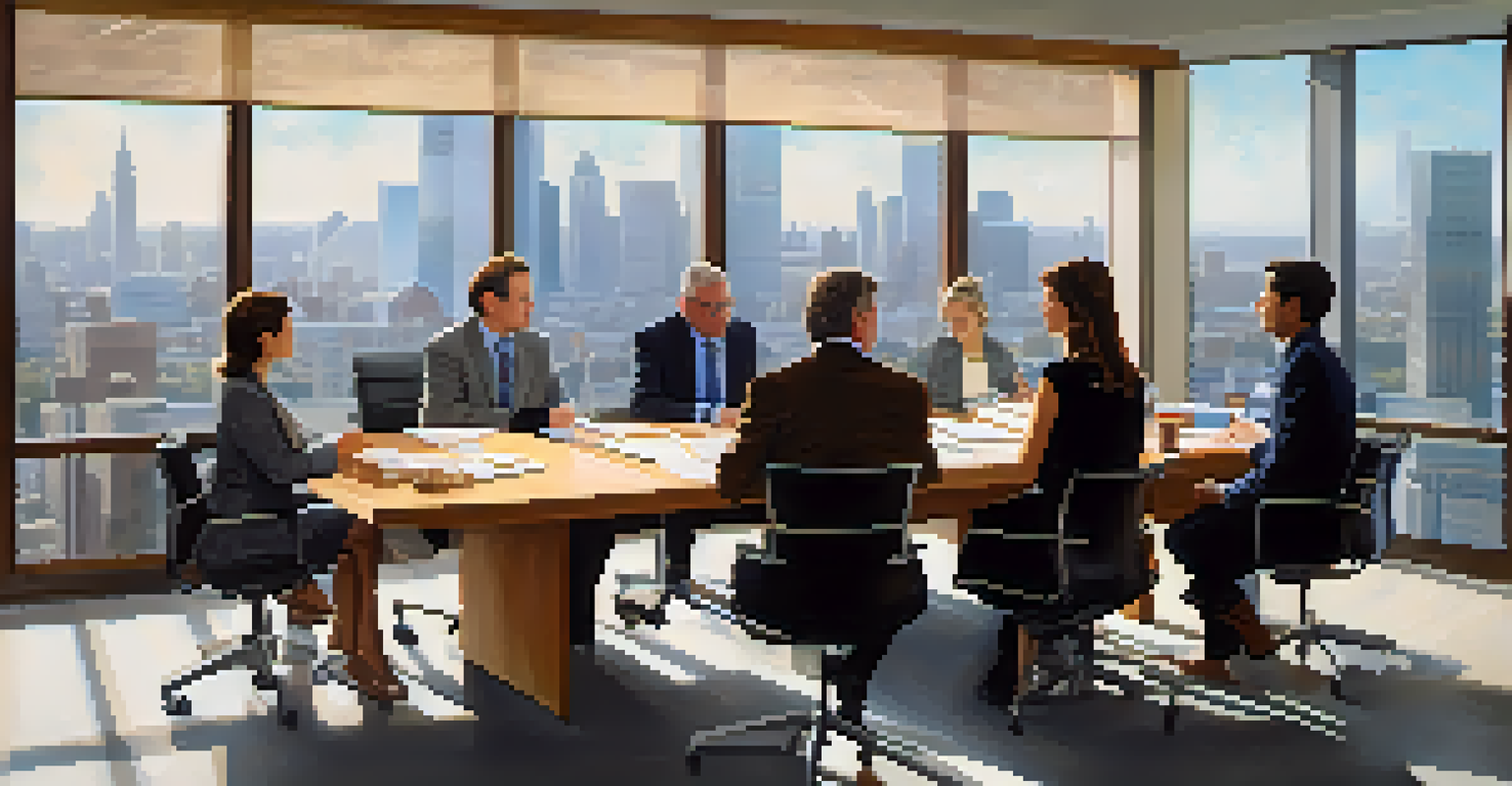 A diverse group of people in a modern office, discussing philanthropic investments around a large table with charts and reports.