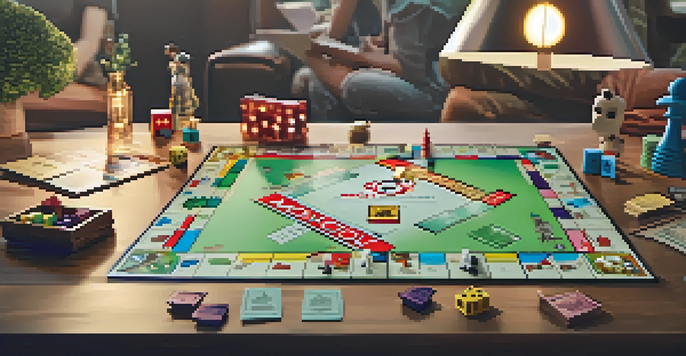 A family playing Monopoly around a table, discussing strategies with colorful game pieces in front of them.