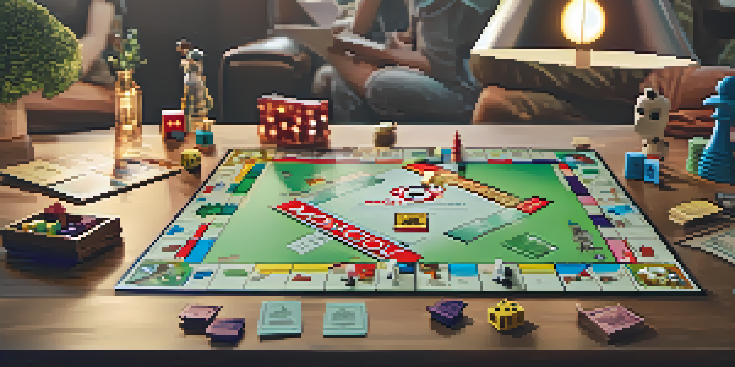 A family playing Monopoly around a table, discussing strategies with colorful game pieces in front of them.