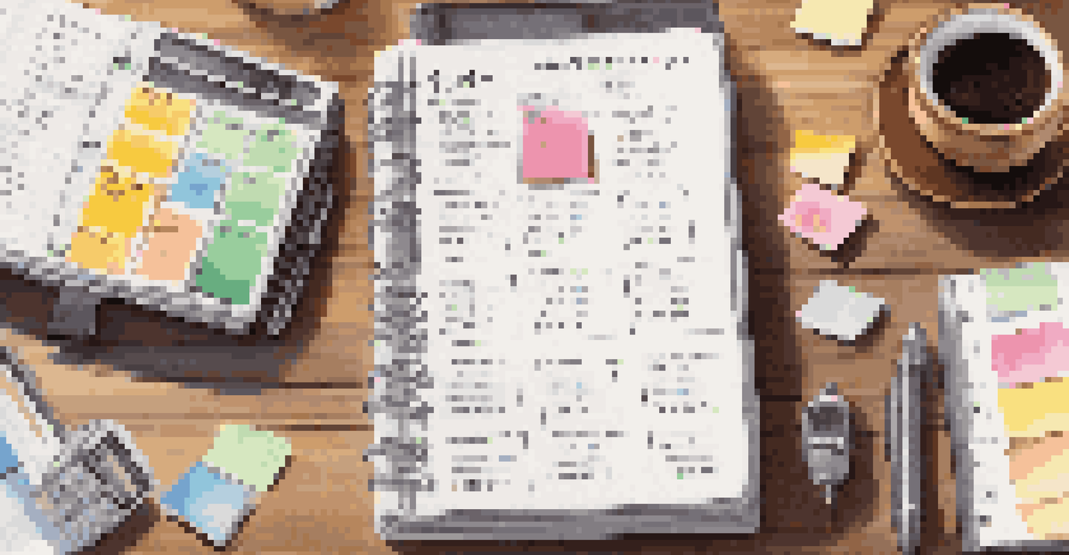 A personal budget planner with sticky notes and a calculator on a wooden table.