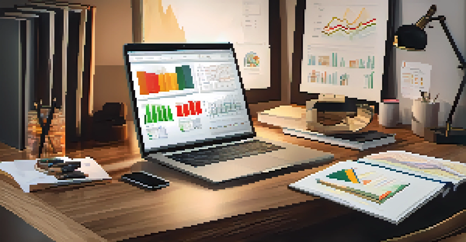 An organized desk with financial planning tools and a laptop displaying investment graphs.