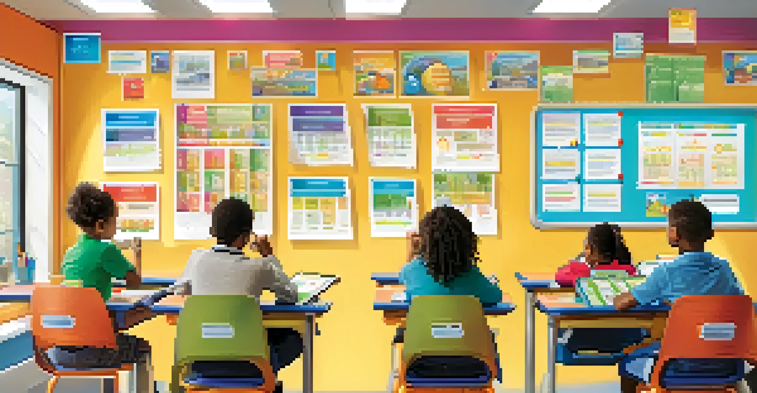 A modern classroom with children using tablets to learn about finances, decorated with educational posters, and a teacher engaging with the students in a bright setting.