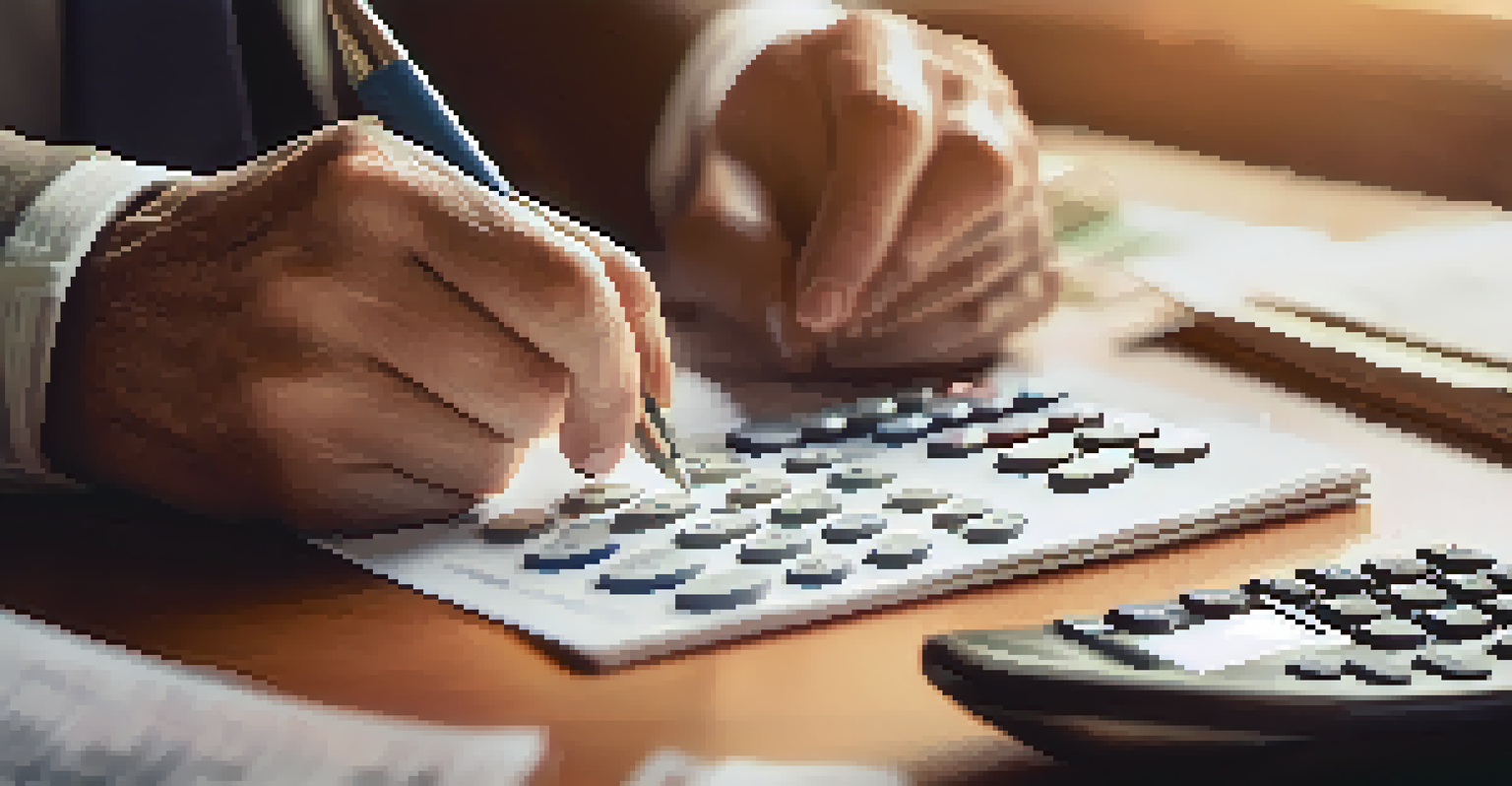 A close-up image of hands using a calculator surrounded by financial documents, emphasizing retirement savings.