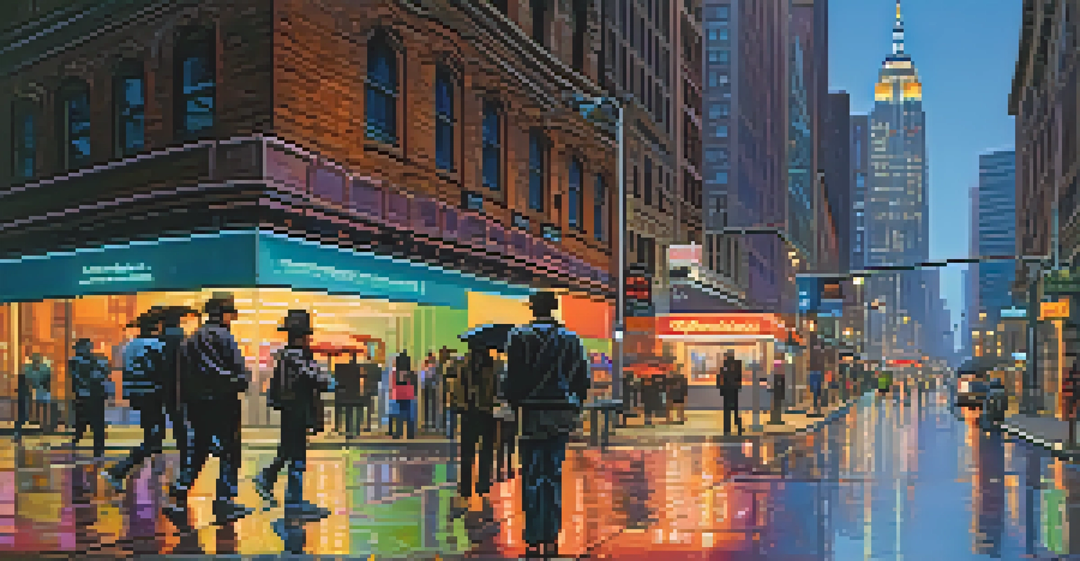 A lively city street at twilight with neon lights and pedestrians.