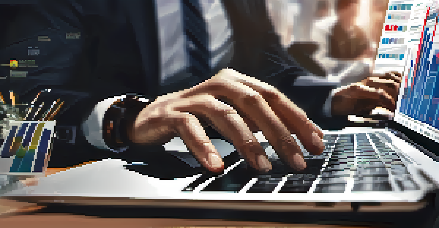 Close-up of a financial analyst's hands typing on a laptop with graphs and charts on the screen, set in a blurred office background.