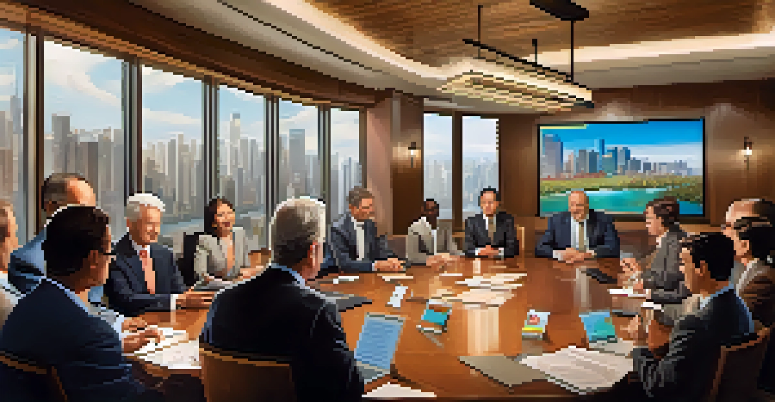 A diverse group of investors discussing a real estate syndication deal in a conference room with charts and a warm atmosphere.