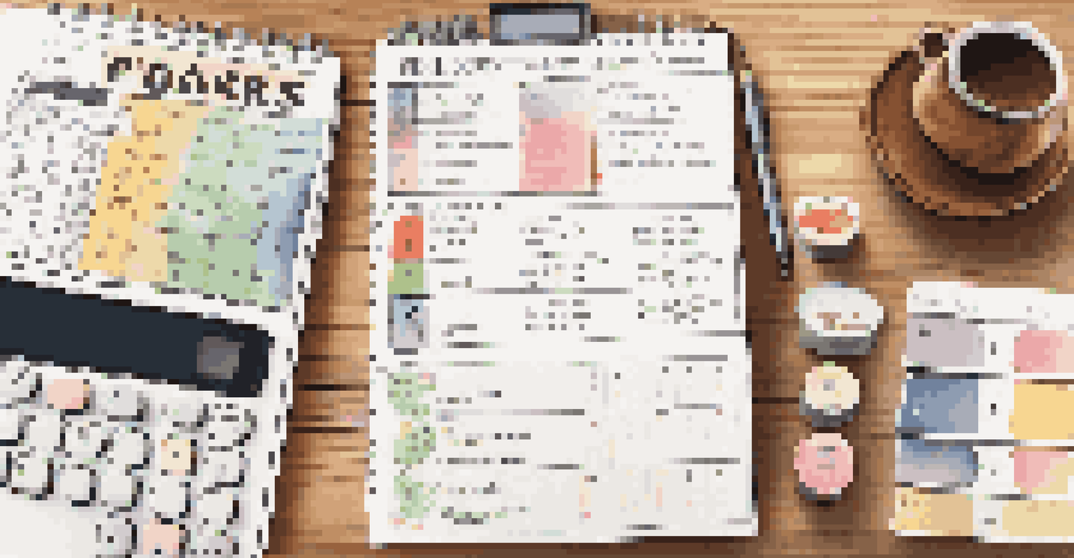 A close-up of a budget planner on a desk, featuring handwritten notes, a calculator, and a cup of coffee, with natural light highlighting the scene.