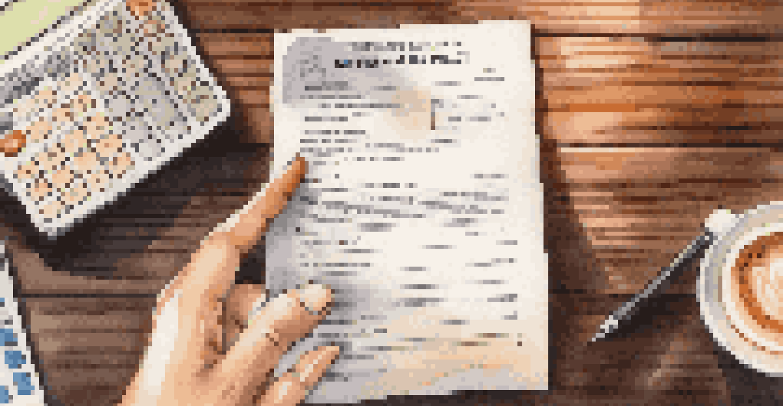 A hand holding a life insurance policy document on a wooden table, accompanied by a calculator, glasses, and a cup of coffee, illuminated by soft sunlight.