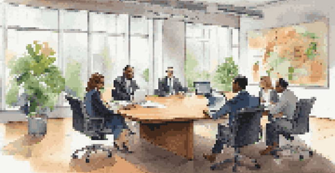 A diverse group of business professionals discussing financial charts in a bright meeting room with a large wooden table and plants.