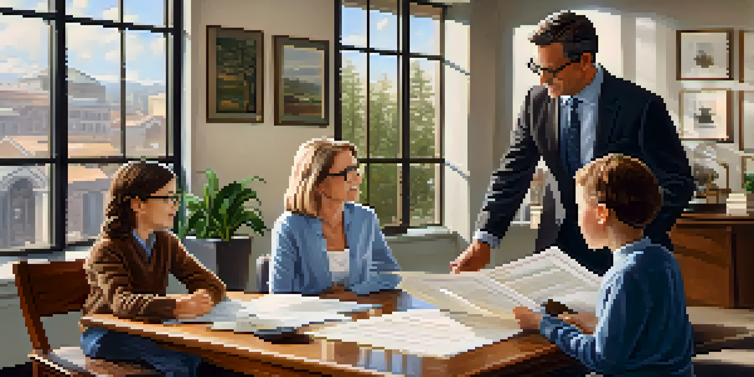 A financial advisor explaining estate planning to a family in a bright office, with a warm atmosphere and engaged expressions.