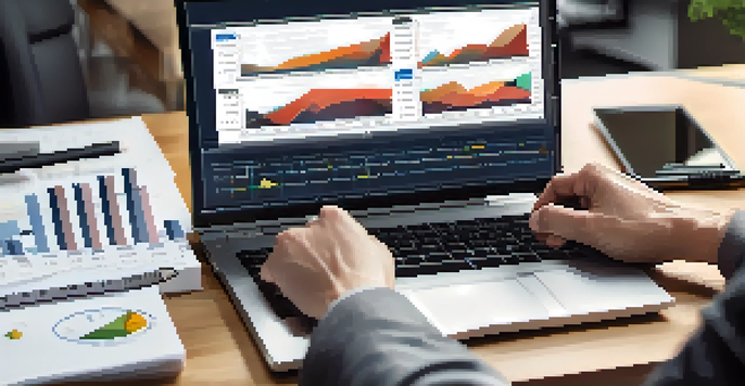 A close-up of a laptop screen showing a financial chart, with a hand and investment notes beside it.