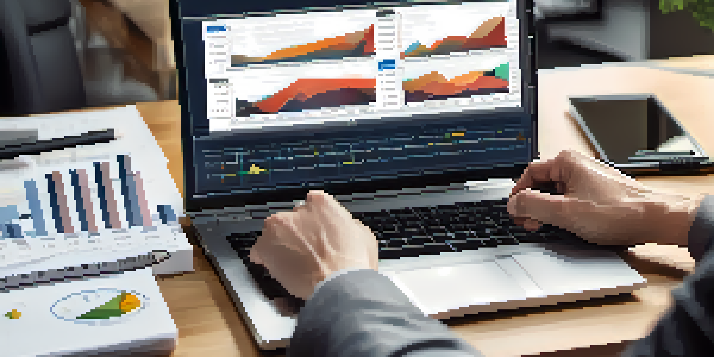 A close-up of a laptop screen showing a financial chart, with a hand and investment notes beside it.