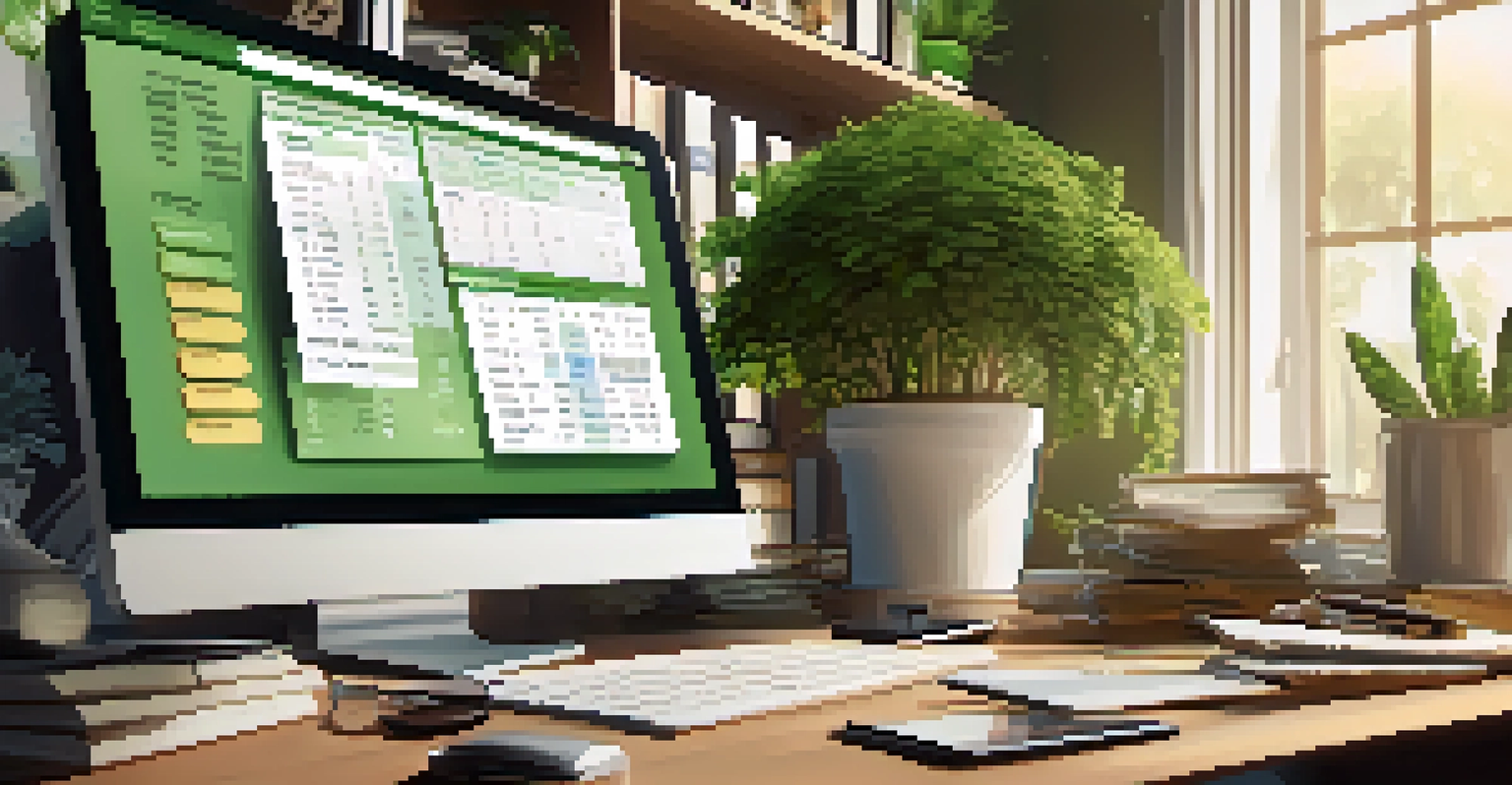 A cozy home office setup featuring a laptop, coins, and a notepad, surrounded by green plants.