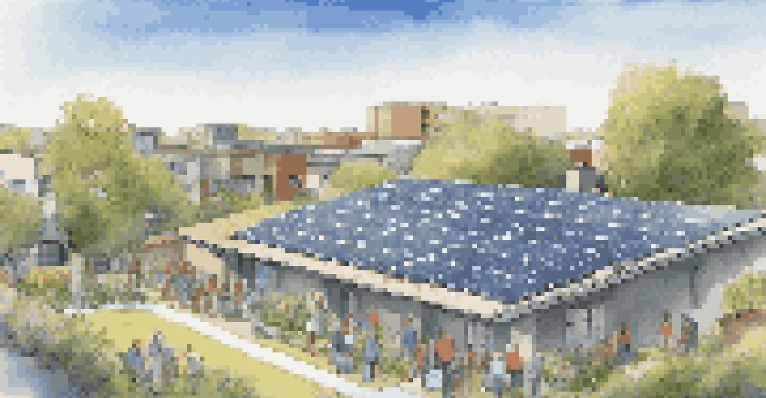 A community solar project with solar panels on rooftops and residents discussing, under a clear blue sky.