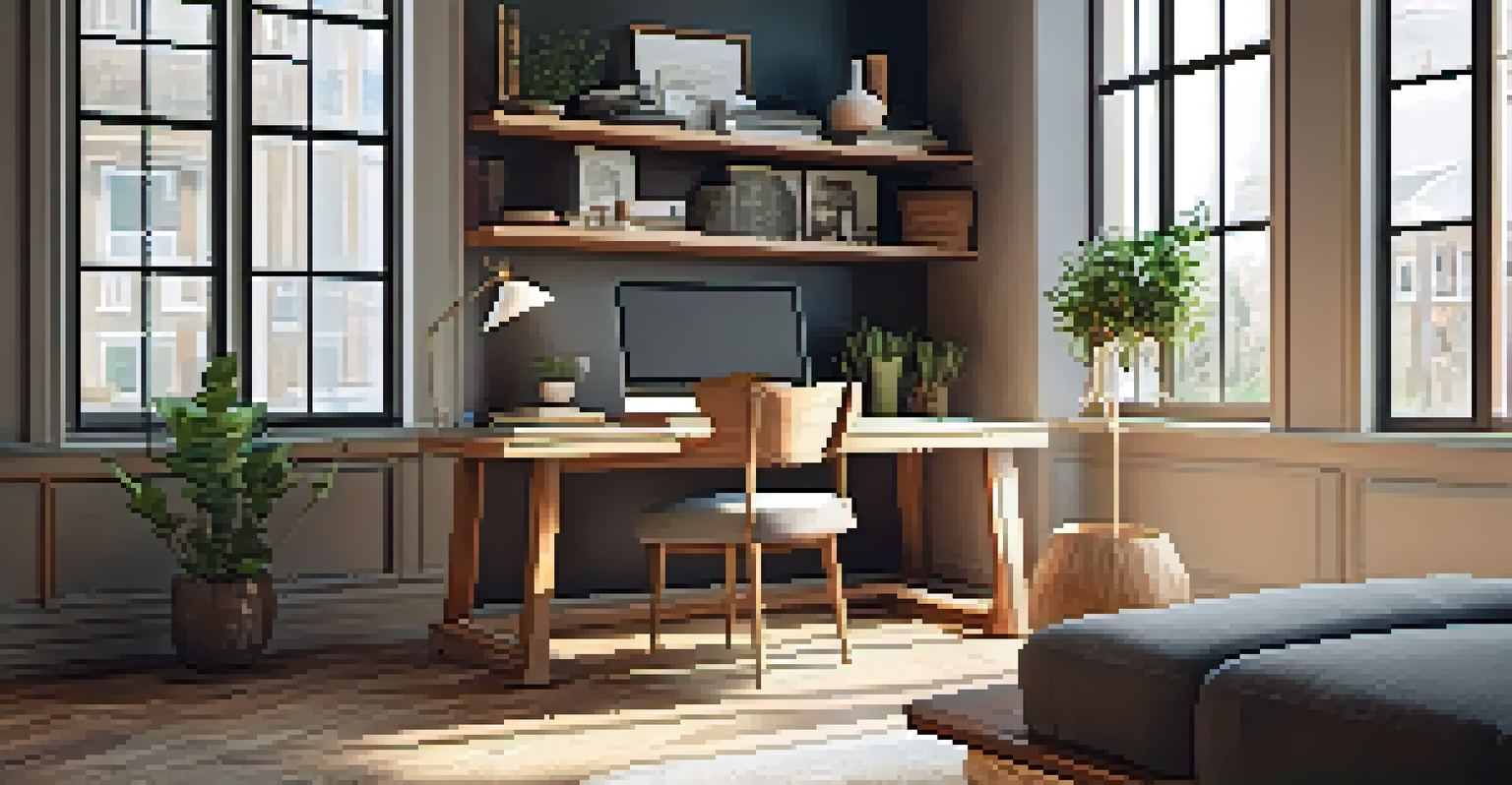 A modern home office with a wooden desk, laptop, and natural light from a window.