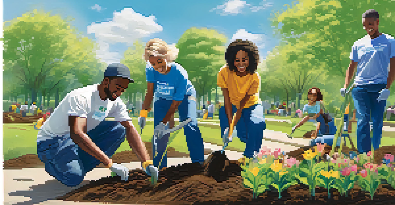 A group of diverse volunteers planting trees together in a sunny park, representing community engagement and philanthropy.