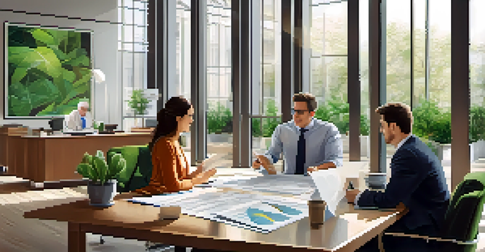 A financial advisor explaining investment strategies to a couple in a bright, plant-filled office.