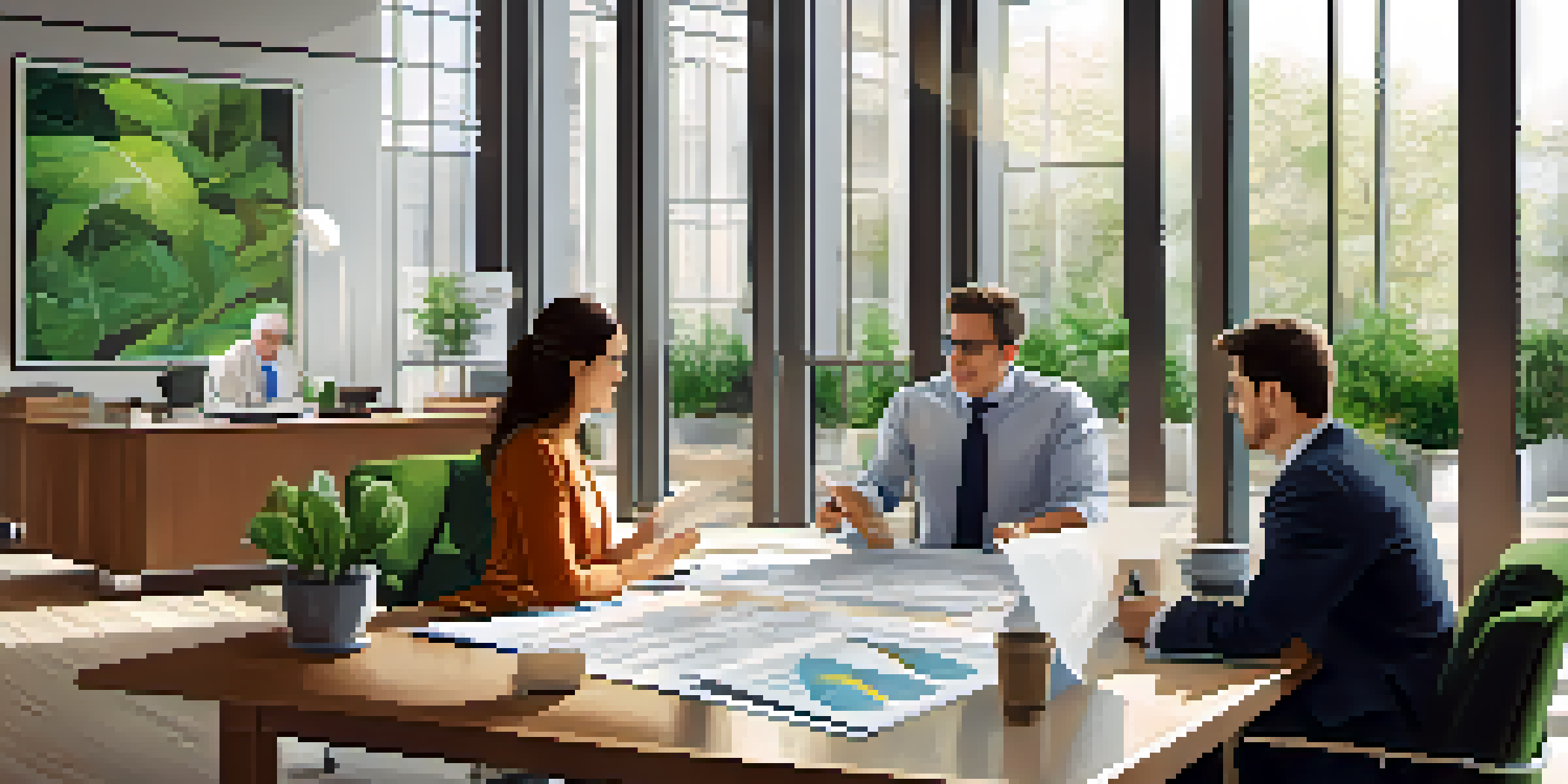 A financial advisor explaining investment strategies to a couple in a bright, plant-filled office.
