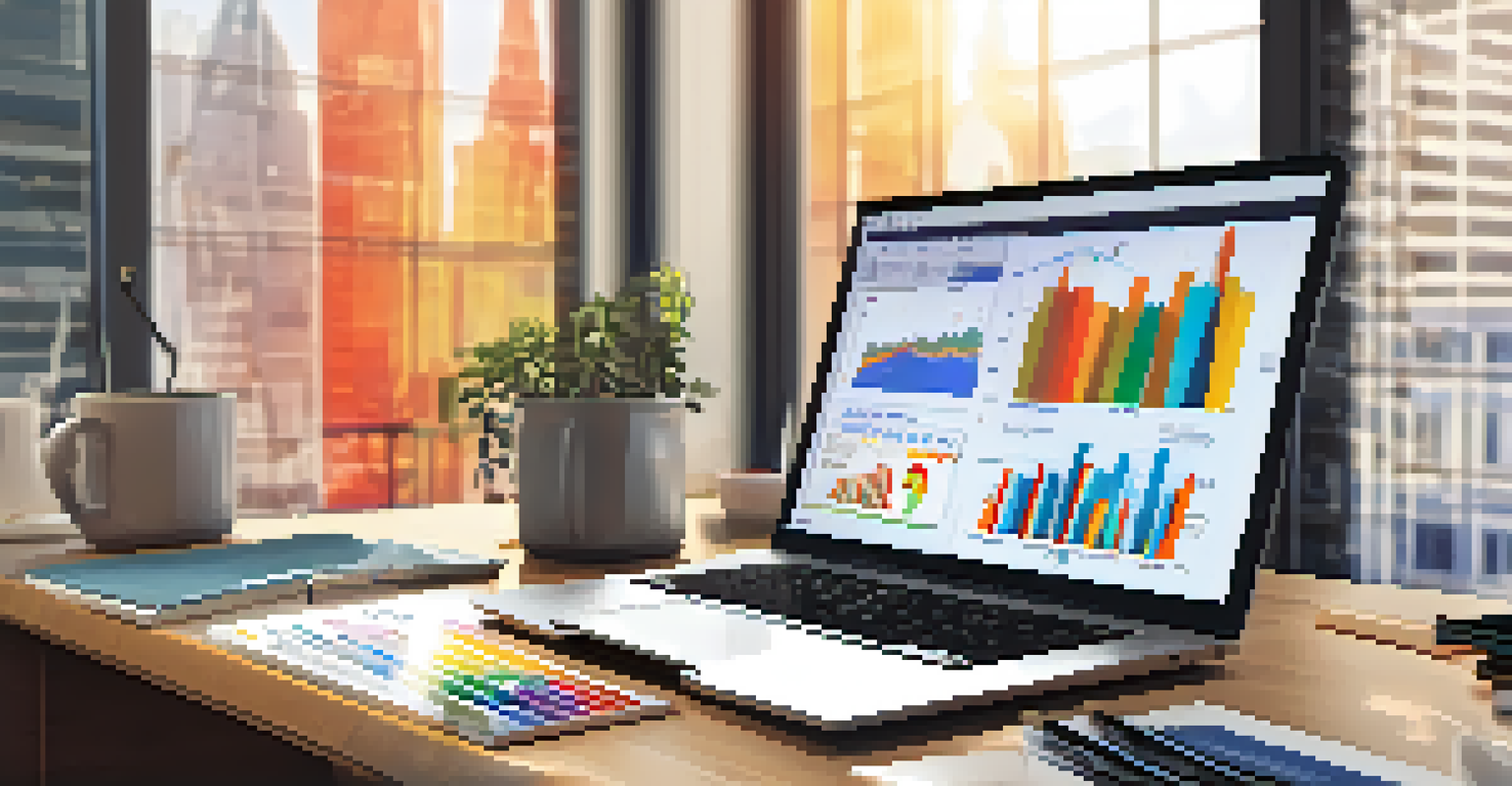 An office desk with an open laptop displaying financial graphs, colorful charts, and a cup of coffee, illuminated by natural light.