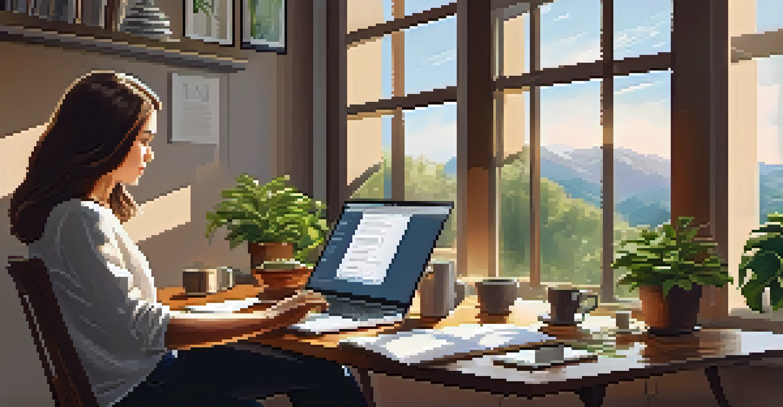 A home office with a person reviewing financial documents on a laptop, surrounded by plants and a cup of coffee, illuminated by natural light.