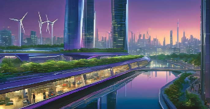 A vibrant futuristic city skyline at dusk with innovative buildings and people walking on a bridge.