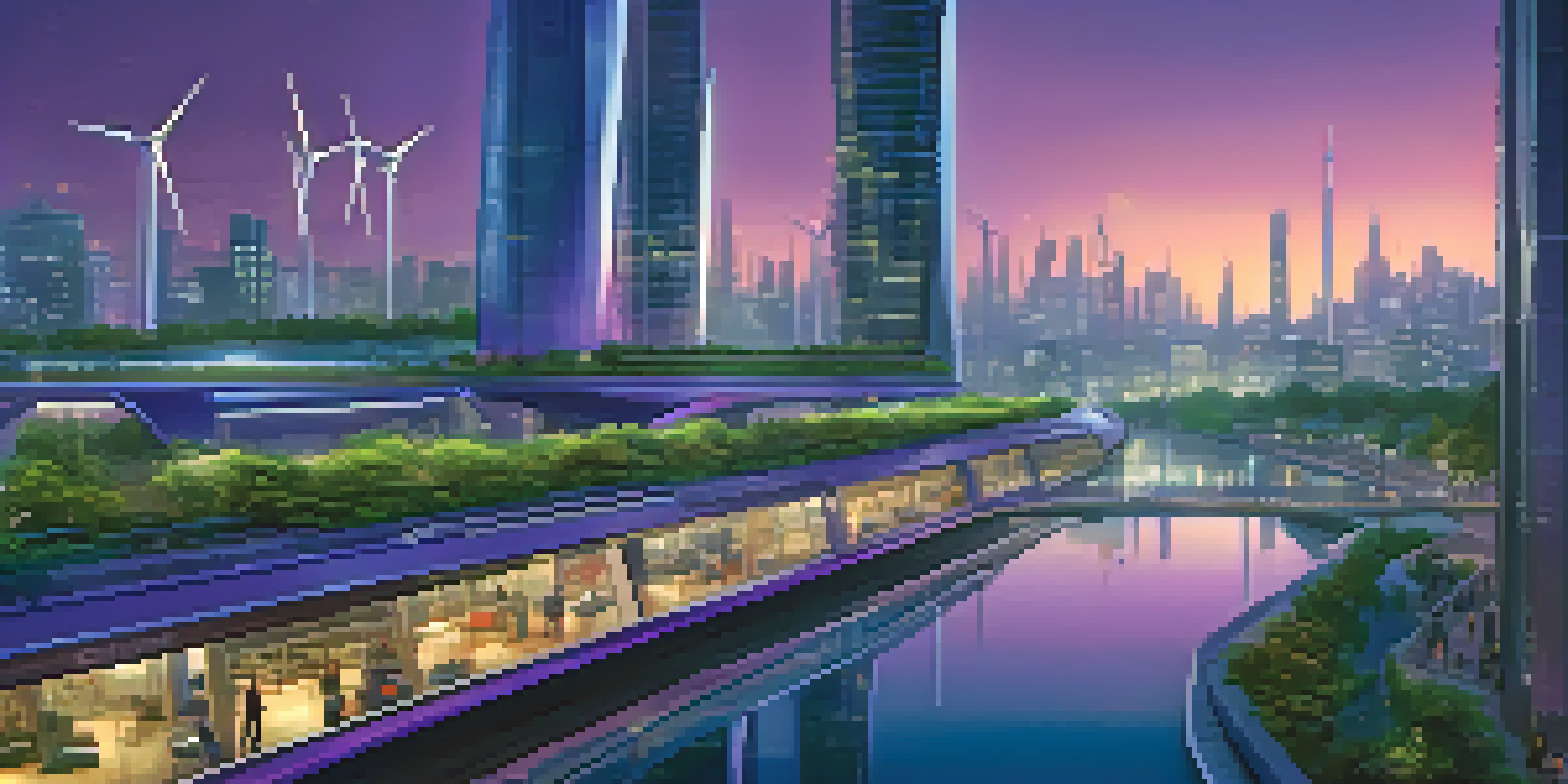 A vibrant futuristic city skyline at dusk with innovative buildings and people walking on a bridge.