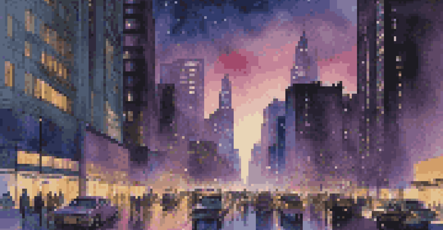 A cityscape at twilight with illuminated skyscrapers and busy streets.
