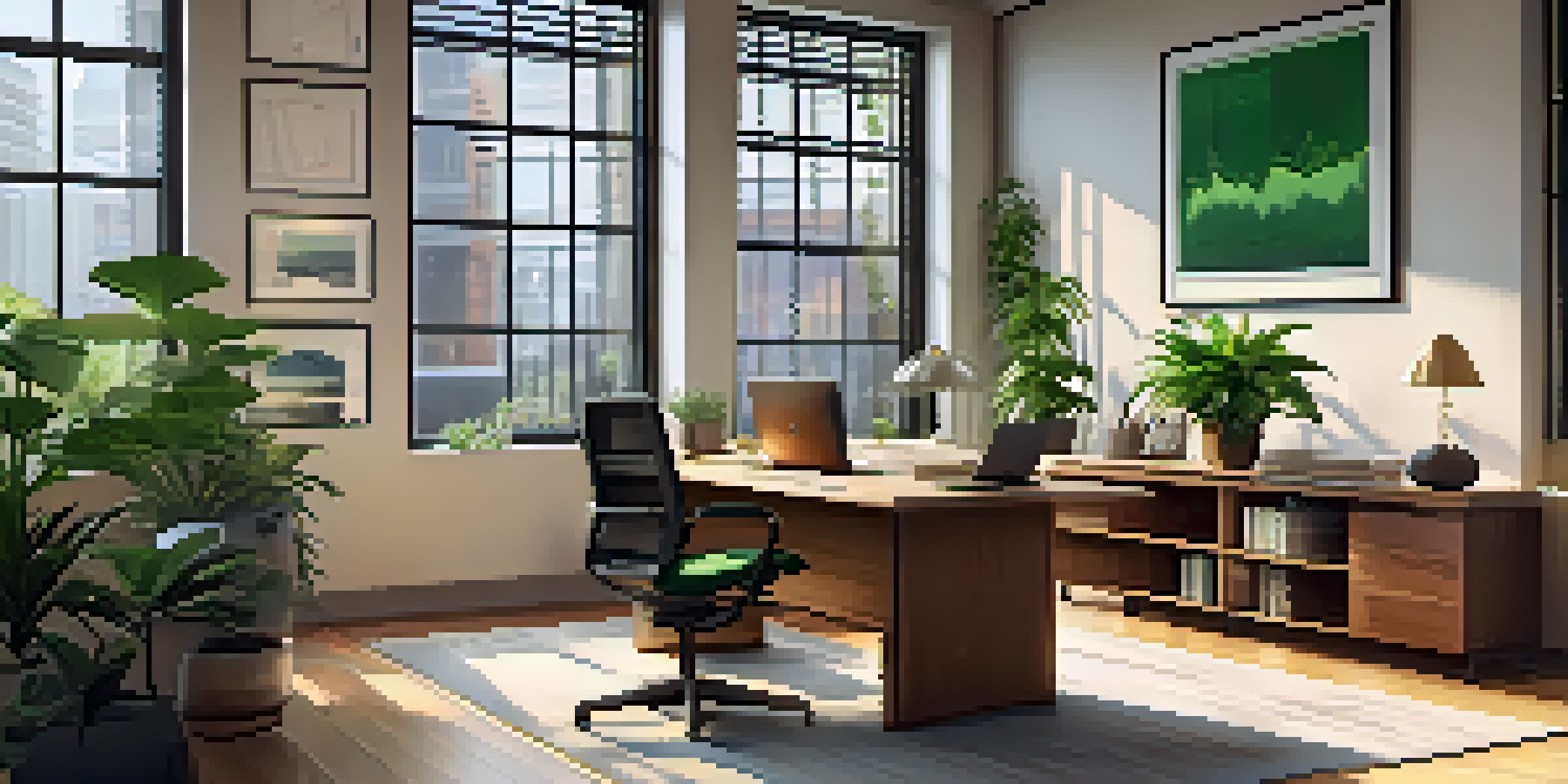 A calm financial office with a wooden desk, laptop, financial reports, and green plants, illuminated by natural light.
