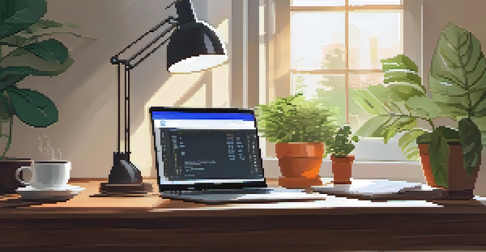 A peaceful workspace with a laptop, notepad, and coffee cup on a wooden desk, illuminated by sunlight. A potted plant and an open financial planner are visible.