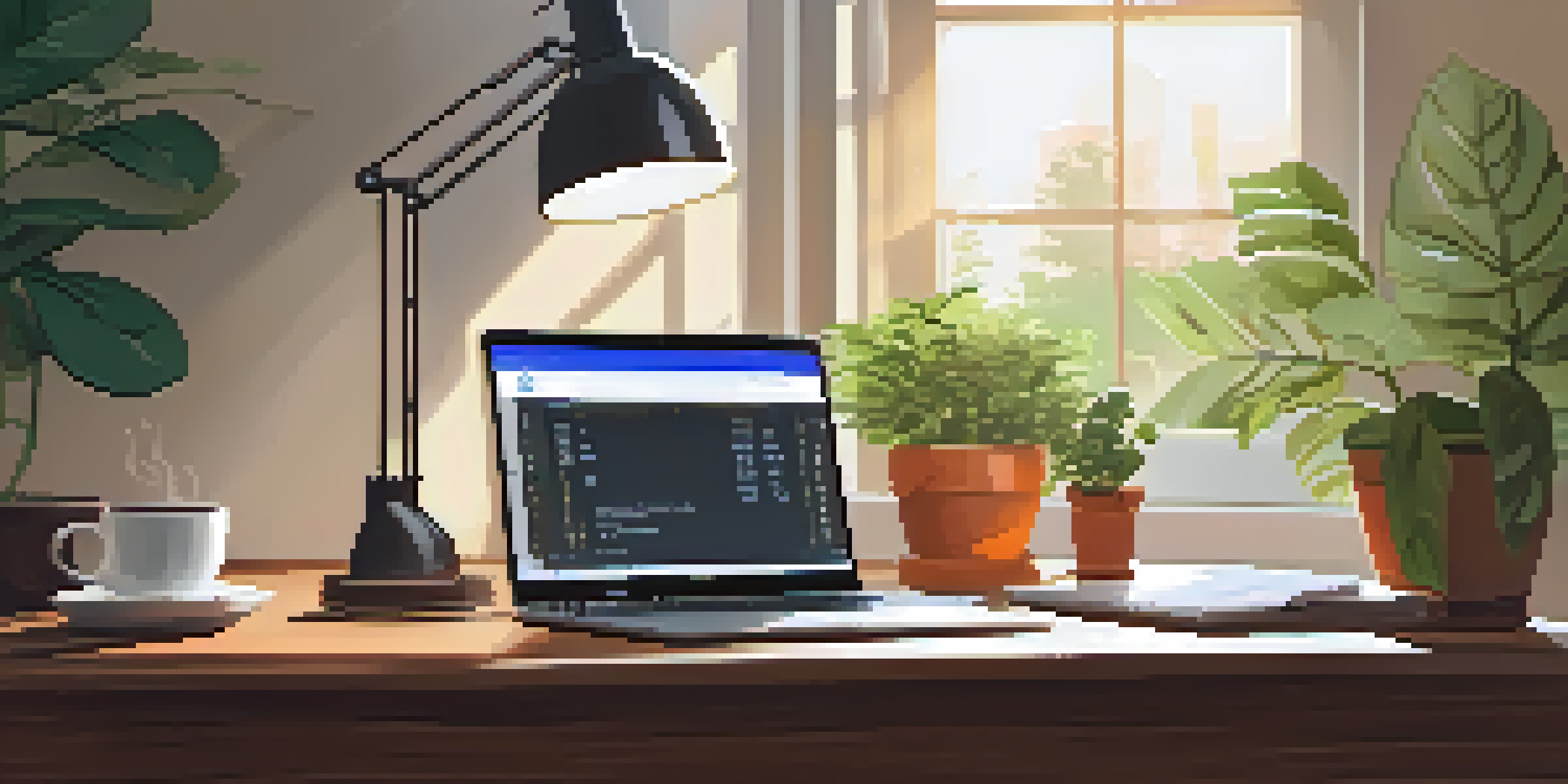 A peaceful workspace with a laptop, notepad, and coffee cup on a wooden desk, illuminated by sunlight. A potted plant and an open financial planner are visible.