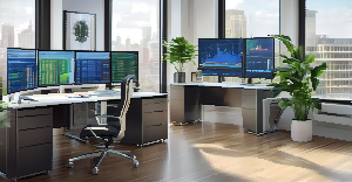 A financial analyst working in a modern office with multiple screens showing financial charts, natural light, and plants in the background.
