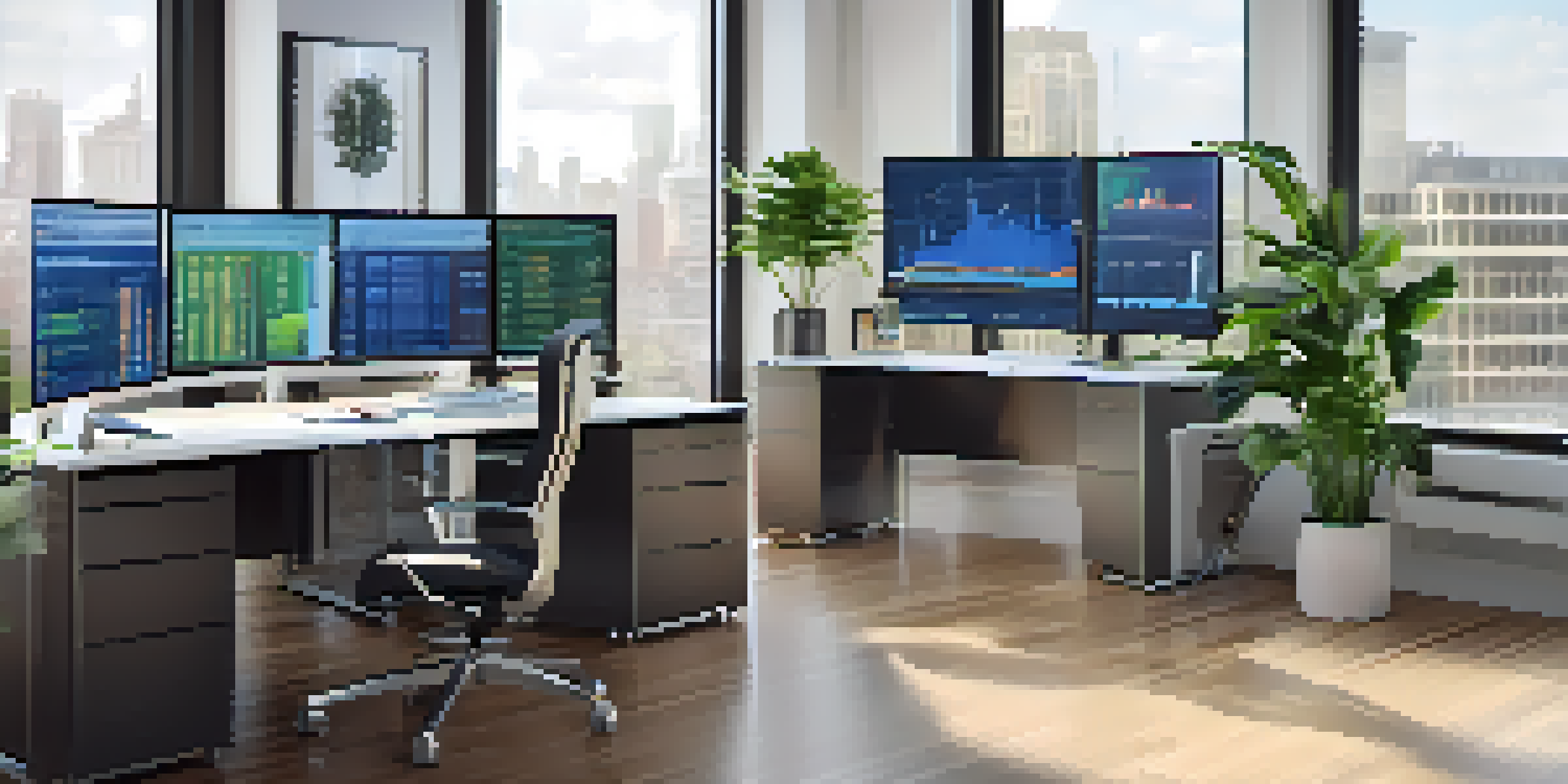 A financial analyst working in a modern office with multiple screens showing financial charts, natural light, and plants in the background.