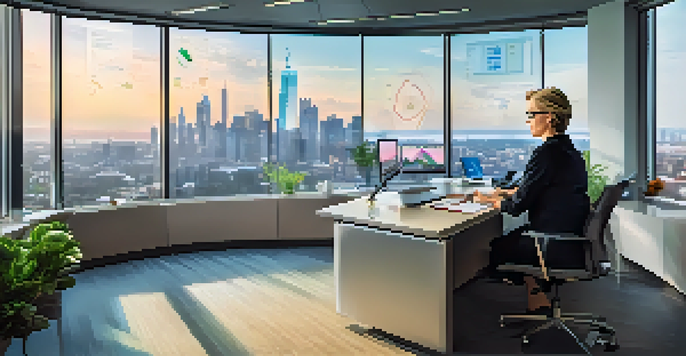 A wealth manager analyzing market trends on a screen in a bright office with financial documents and a city skyline visible.
