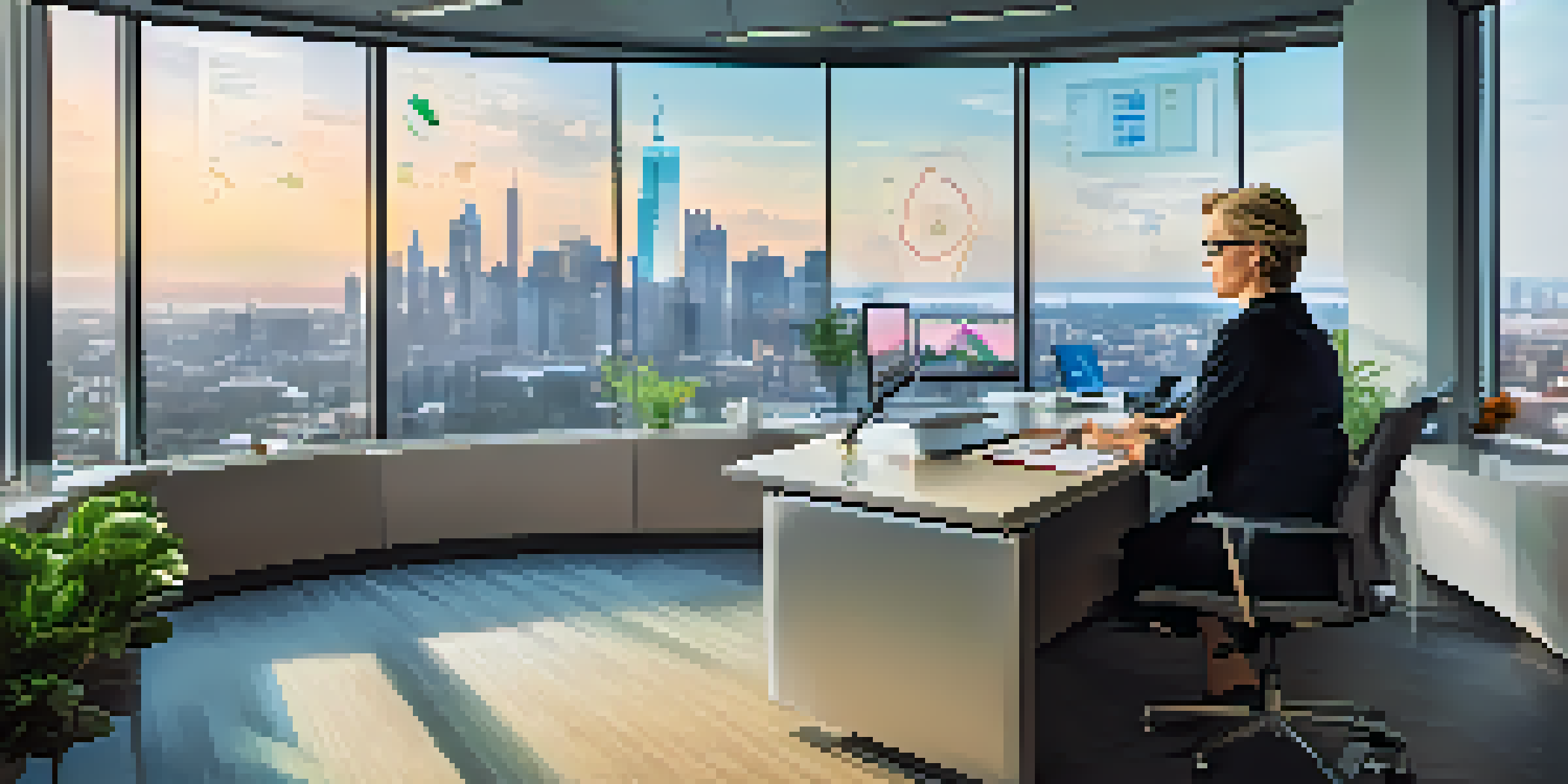 A wealth manager analyzing market trends on a screen in a bright office with financial documents and a city skyline visible.