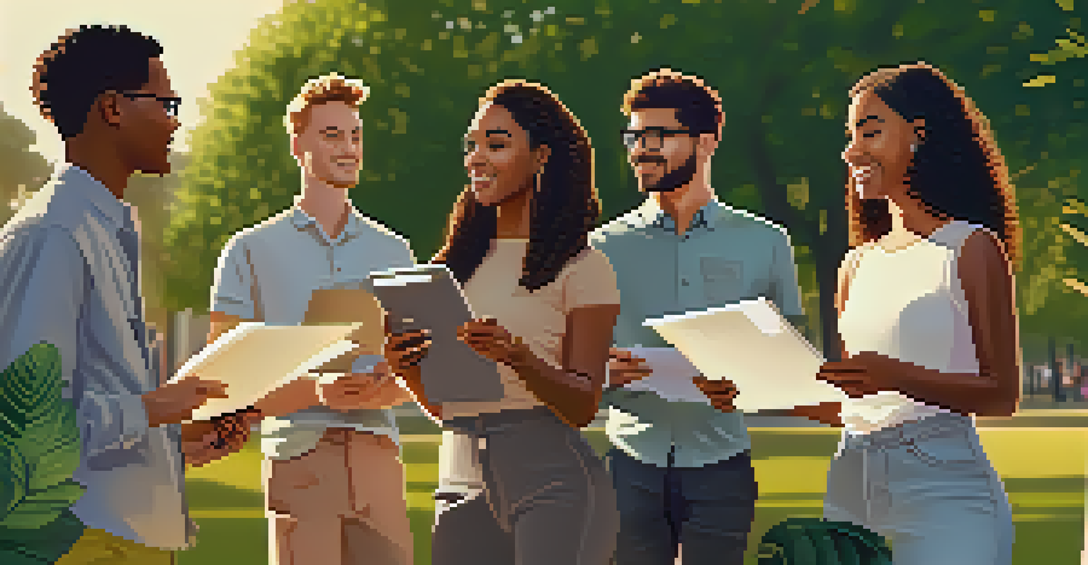 A diverse group of millennials discussing sustainable investments in a sunny park.