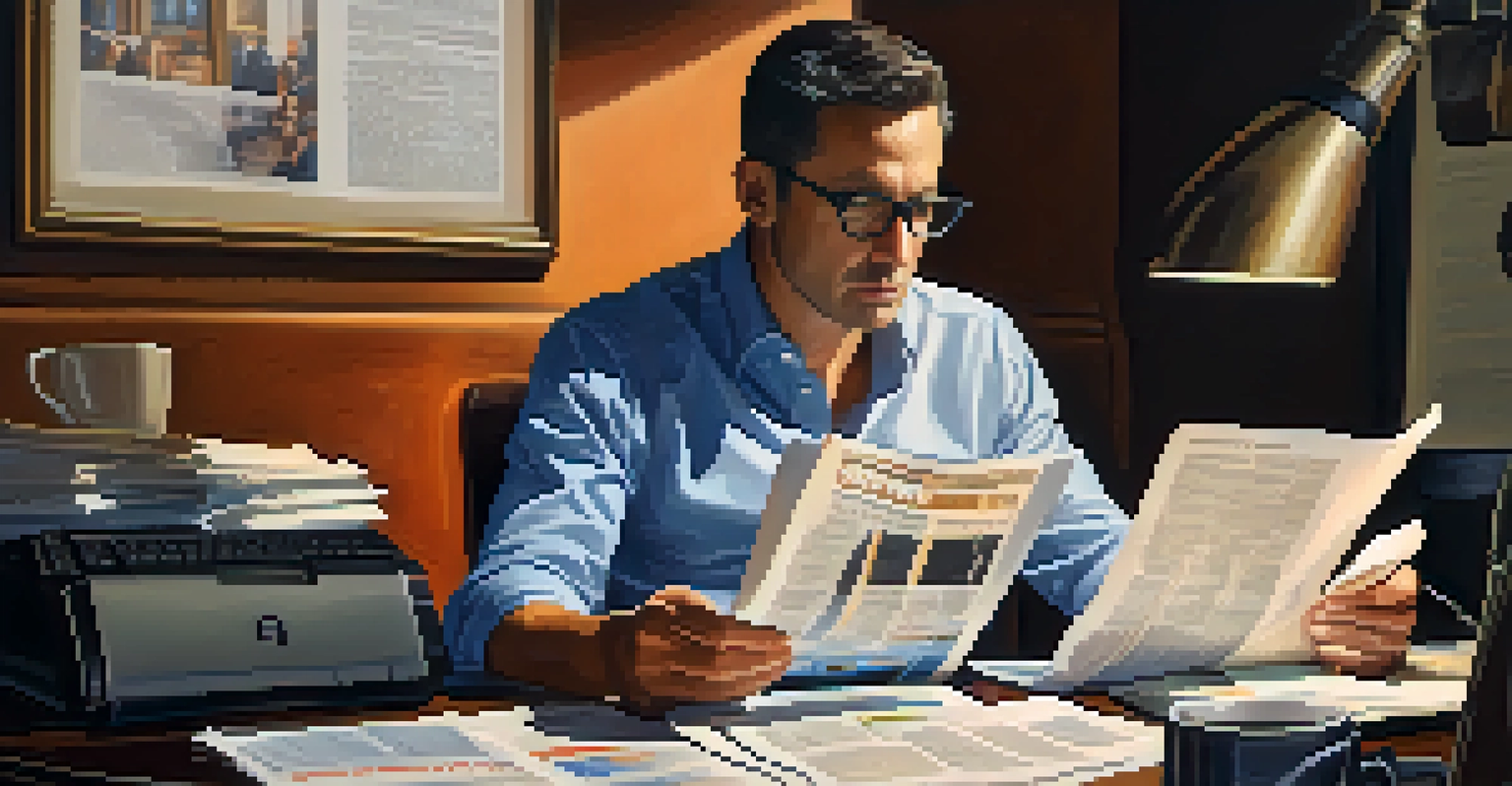 An investor at a desk, reading about a political event while surrounded by financial documents and a warm atmosphere.
