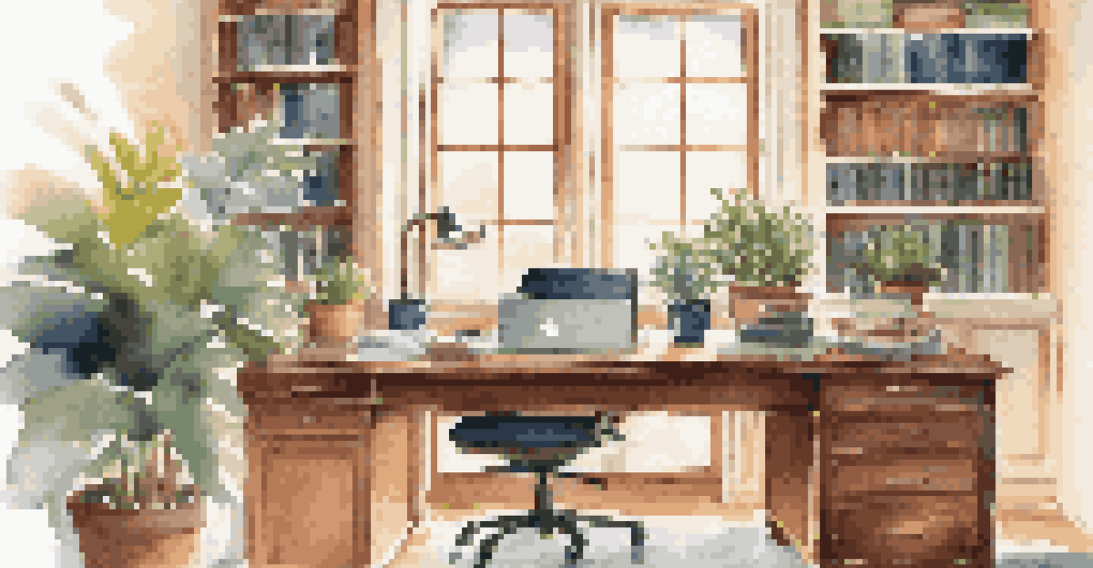 A cozy home office with a wooden desk, an open laptop, stacks of financial books, and a potted plant, illuminated by natural light.